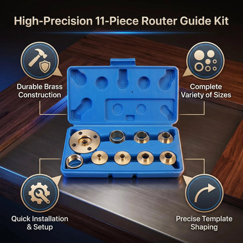 Kickass 11 Piece Brass Router Bushing Kit With Universal Lock Nuts And Heavy Duty Case open, showing durable brass bushing guides for woodworking.