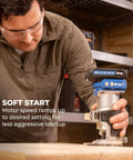 User operating the Slick Action 20V Cordless Trim Router Featuring Micro Adjustment Dial And Dual Led Lights for precise routing.