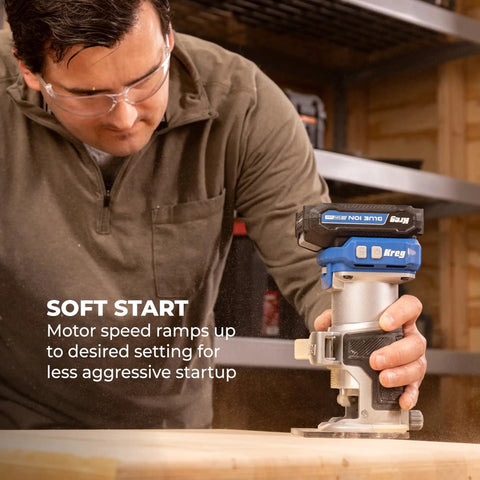 User operating the Slick Action 20V Cordless Trim Router Featuring Micro Adjustment Dial And Dual Led Lights for precise routing.