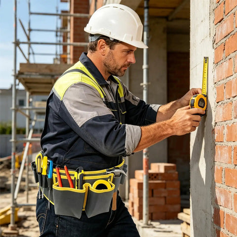 Builder uses a tape measure wearing Gardener Tool Belt With Quick Access Pockets Portable Waist Bag For Workshop And Lawn Care