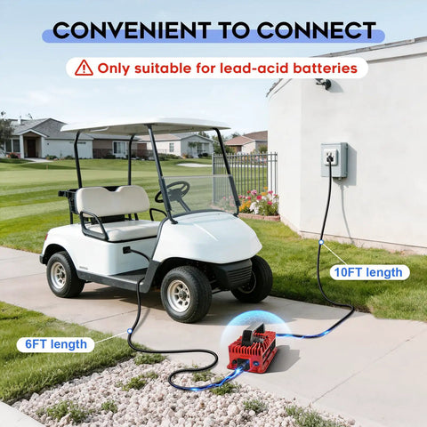 No Sweat Heavy Duty 15 Amp 48 Volt Golf Cart Battery Charger Compatible With Yamaha G29 Drive Models connected to golf cart.