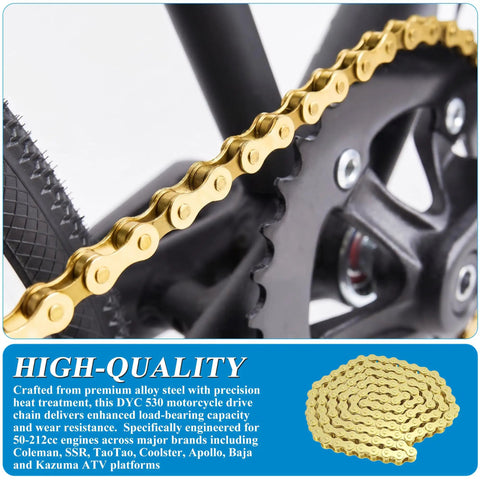 Gold 530 Chain Kit with 120 Links, universal fit for 50cc-212cc motors, close-up of chain on ATV sprocket