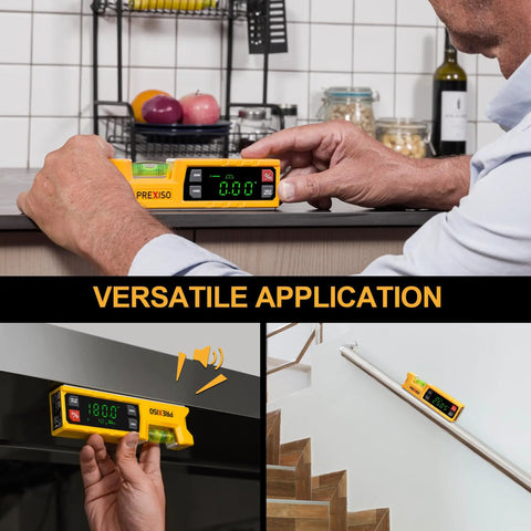 Badass Accuracy Magnetic Digital Level And Protractor Angle Finder With Absolute Relative Measurements For Tough Job Sites And Weekend Warriors Delivering Spot On Readings Daily shown measuring countertop level.