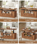 Chic 47 Inch Farmhouse Electric Lift Top Coffee Table With Storage Drawers Shelves Height Adjustable Standing Desk For Living Room Brown versatile table types displayed.