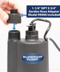 Beefy 2400 GPH Submersible Utility Pump 1/3 HP Thermoplastic showing hose adapter connection