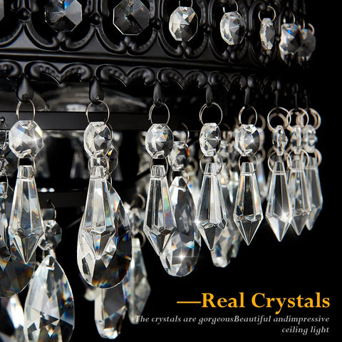 Close-up of 5-Light Modern Crystal Chandeliers Dope Matte Black Semi-Flush Mount Ceiling Light Fixture with real crystal accents