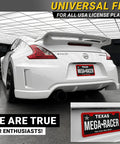 Slim Red License Plate Frames 2 Pack, Rust Free Stainless Steel, street legal rear tag holder on sports car close-up