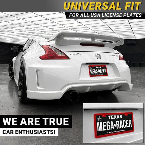 Slim Red License Plate Frames 2 Pack, Rust Free Stainless Steel, street legal rear tag holder on sports car close-up