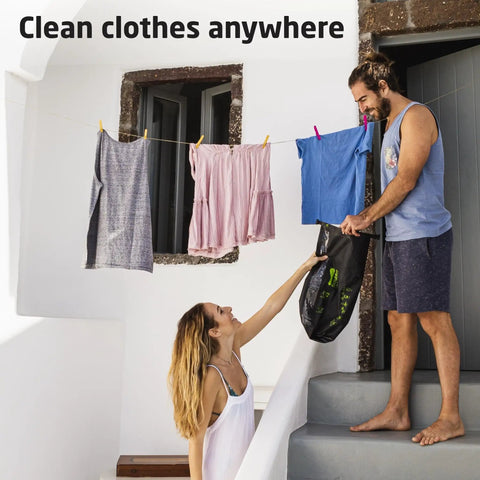 Lightweight Portable Travel Laundry Bag With Patented Washboard Interior For Quick Machine Quality Clothing Cleaning No Sweat Backpacking RV Road Trips Cruise Vacations And Hotel Stops with clean clothes hanging.