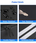 Detailed features of 40L Bike Trunk Bag For Rear Rack With Foldable Panniers Ebike Battery Compatible Bag showing water-resistance, tear-resistance, zippers, reflective strips.