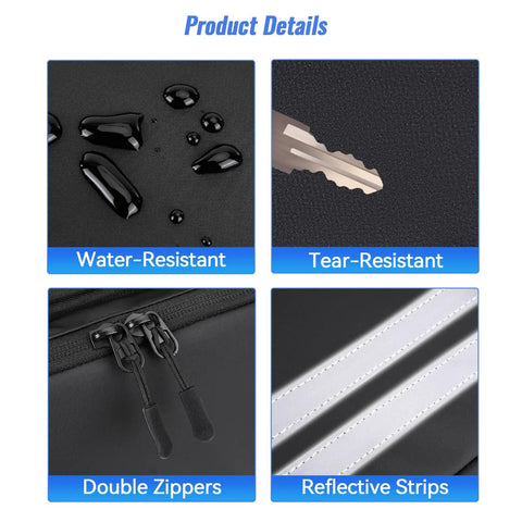 Detailed features of 40L Bike Trunk Bag For Rear Rack With Foldable Panniers Ebike Battery Compatible Bag showing water-resistance, tear-resistance, zippers, reflective strips.