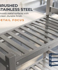 Detail view of Built Tough 304 Stainless Steel Shelf For Pantry Kitchen Garage Storage Rack with brushed silver finish.