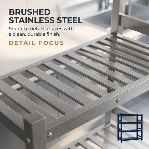 Detail view of Built Tough 304 Stainless Steel Shelf For Pantry Kitchen Garage Storage Rack with brushed silver finish.