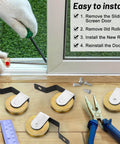 No-Fuss 4 Pack 1-Inch Steel Sliding Screen Door Rollers With Tension Springs, Fits V-Shaped Rollers displayed with tools