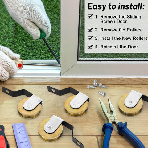 No-Fuss 4 Pack 1-Inch Steel Sliding Screen Door Rollers With Tension Springs, Fits V-Shaped Rollers displayed with tools