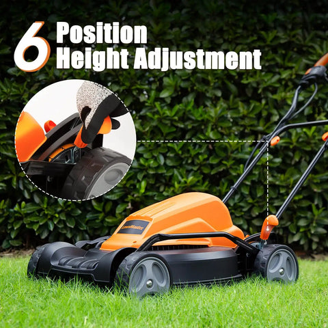 Electric Lawn Mower With 12 Amp Motor 19 Inch Deck 2 In 1 Mulch Or Side Discharge Six Cutting Heights close-up on adjustment