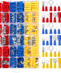1200 Pcs Cold Shrink Insulated Electrical Wire Connectors Kit With Butt Ring Spade Fork Quick Disconnect Terminals In Red Blue Yellow Color Codes For Automotive Marine Boat Truck All In One Crimp And Repair Set With Durable Storage Box, showing various connectors neatly organized in compartments.