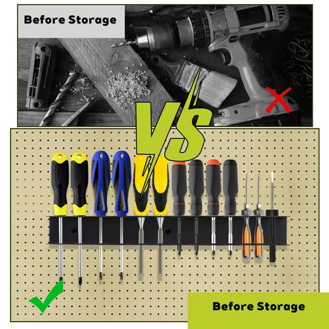 Two Pack Heavy Duty Screwdriver Plier Organizer Wall Mount Rack installed on pegboard with tools organized neatly