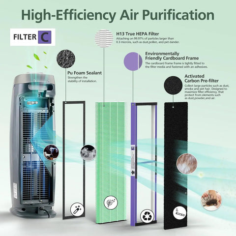 2 Pack HEPA Filter C Replacement With Pet Pure Treatment For Guardian Air Purifier FLT5000 with 8 Pack Activated Carbon Pre Filters