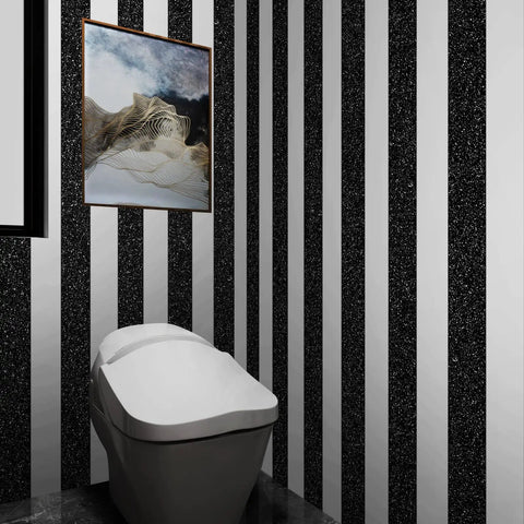 Bathroom with black peel and stick glitter wallpaper with real ultra fine glitter for cabinets and dressers self adhesive.