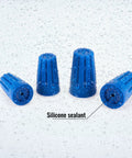 Front view of blue silicone-sealed waterproof outdoor electrical connector caps, 4-piece set