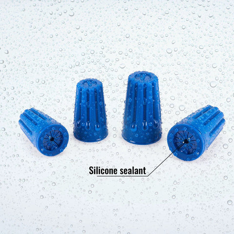 Front view of blue silicone-sealed waterproof outdoor electrical connector caps, 4-piece set