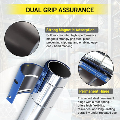 Heavy Duty Magnetic Steel Pipe Cutting Guide Kit Slide Right On And Skip The Math For 22 5 45 90 Degree Saddle Notches showing dual grip assurance with strong magnets