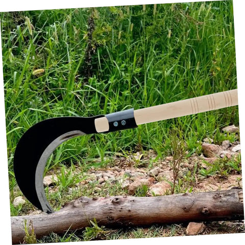 Wooden Sickle Handle Grip With Ergonomic Design And Noslip Comfort For Sickle Replacement on grass with sickle blade attached