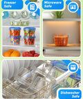 Six Pack 17 Oz Freezer Storage Containers with Twist Top Lids BPA Free; showing fridge, microwave, dishwasher use