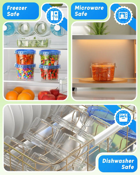 Six Pack 17 Oz Freezer Storage Containers with Twist Top Lids BPA Free; showing fridge, microwave, dishwasher use