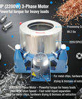 Industrial Centrifuge Dryer Machine For Solid Liquid Separation And Heavy-Duty Dehydration Featuring Built-Tough Stainless Drum and Zero-Wobble Cast Base For Biomass Oil Extraction Metal Parts And Textile Spin Drying 220 Volt close-up with 3HP motor and shavings.