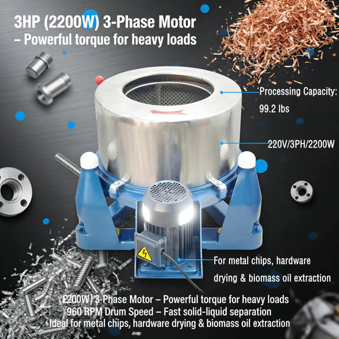 Industrial Centrifuge Dryer Machine For Solid Liquid Separation And Heavy-Duty Dehydration Featuring Built-Tough Stainless Drum and Zero-Wobble Cast Base For Biomass Oil Extraction Metal Parts And Textile Spin Drying 220 Volt close-up with 3HP motor and shavings.