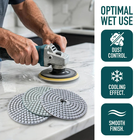 Man using 9 Piece 7 Inch Diamond Polishing Pads Kit Pro Grade Wet Dry 50 To 10000 Grit with grinder on marble countertop.