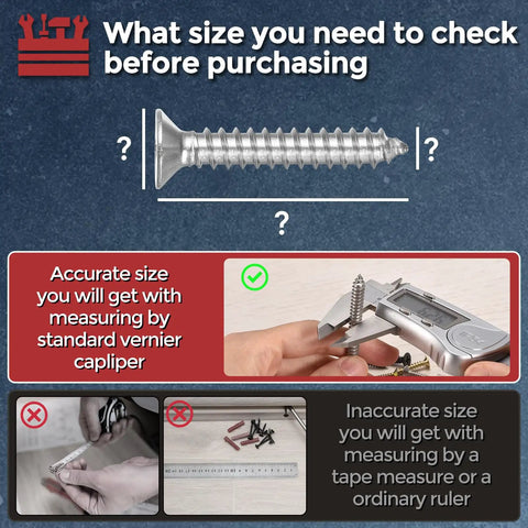 Measurement guide for 110-Piece Phillips Flat Head Wood Screws Kit, Self Tapping Countersunk Stainless Steel 304, White Head