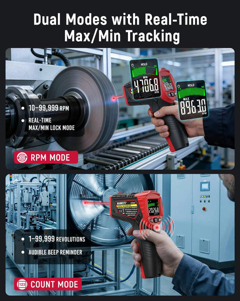 Non Contact Laser Tachometer RPM Meter For Engines And Motors, Handheld Tachometer With Large LCD Display, Measures 10 To 99,999 RPM, High Resolution, Max Min Memory, Reflective Tape Included, Great For Fans And Belts, handheld use
