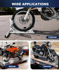 Heavy Duty Aluminum Motorcycle Front Wheel Chock Stand For 15 To 25 Inch Tires, Supports Up To 3000 Lbs, Adjustable Hole Design For Trailer