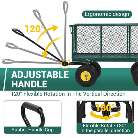 Heavy Duty Steel Garden Cart With 550 Pound Capacity featuring 120 degree adjustable handle and 180 degree rotating function