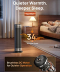 Beast Space Heater For Large Rooms In A 23 Inch Tower beside a bed in a bedroom, highlighting its quiet operation.