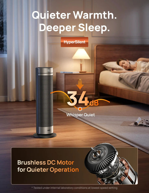 Beast Space Heater For Large Rooms In A 23 Inch Tower beside a bed in a bedroom, highlighting its quiet operation.