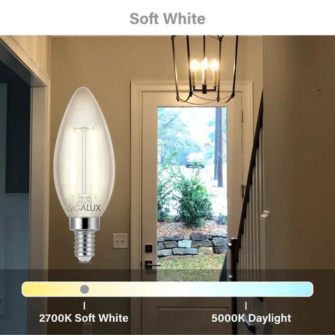 Dimmable E12 LED Bulbs 3W No Fuss Dimming Replaces 40W Incandescent B10 Candle Light Bulbs For Chandeliers Ceiling Fans And Pendants Soft White 2700K Type B UL Listed 12 Pack displaying warm light next to door.