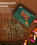 Birch Wood Golf Tees Value Pack 100 Count With 80 Regular Tees In Two And Three Quarters Or Three And A Quarter Inches And 20 Short One And A Half Inch Driving Range Tees Tan Color 5X More Durable 5X Stronger Less Friction For Consistent Drives displayed in a decorative setting with gift items.