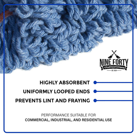 Close-up of Top Shelf Commercial Loop End Wet Mop Head Refill 2 Pack 20 Inch Large Blue 4 Ply Synthetic Yarn for cleaning.