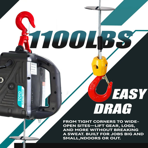 1500 Watt 3-in-1 Electric Hoist Winch 120V Portable Lifter With Remote Control Wired And Wireless Options 1100 Lbs Capacity with hook