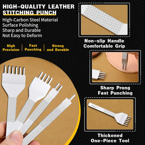 All In One Pro Grade Leather Stitching Hole Punch Tool Set with 4mm, 1, 2, 4, and 6 prong punches for belts and watch bands