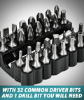 Close-up of 32 common driver bits and 1 drill bit from 124 Pcs 4V Cordless Screwdriver Tool Kit Set With 6 Plus 1 Torque Settings Adjustable 3 Position 4Nm Electric Screwdriver Flexible Shaft Storage Toolbox For Home Projects.
