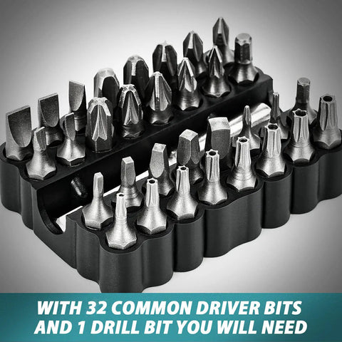 Close-up of 32 common driver bits and 1 drill bit from 124 Pcs 4V Cordless Screwdriver Tool Kit Set With 6 Plus 1 Torque Settings Adjustable 3 Position 4Nm Electric Screwdriver Flexible Shaft Storage Toolbox For Home Projects.