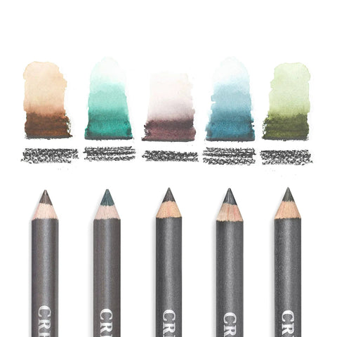 Front view of Water-Soluble Graphite Pencils Set With Aquarelle Finish, Six HB Pencils in White, Brown, Teal, Green, Red, Blue