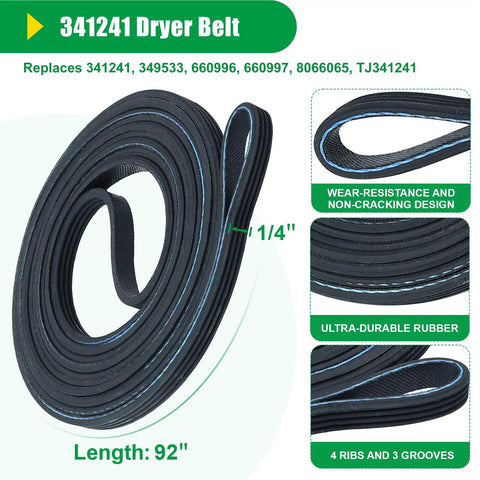 High Performance 4392065 Dryer Repair Kit With 349241T Drum Roller And Belt Assembly Upgraded Metal Bearings For Zero Noise Operation top view of 341241 dryer belt, 92 inches long, 1/4 inch wide, durable rubber material.