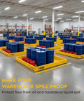 Foam Wall Spill Containment Berm, 4x6 Ft, 26 Oz PVC-Coated Fabric, Yellow, shown in warehouse with blue and red containers