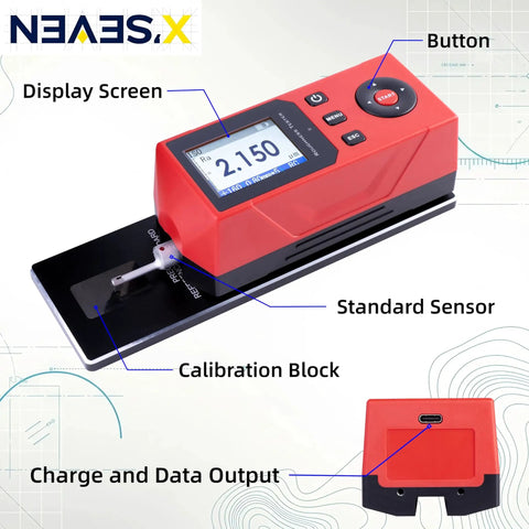 Shop Ready Handheld Surface Roughness Tester With 0.001 Micron Resolution For Ra Rz Rq Rt Measurements featuring buttons, display screen, standard sensor, and calibration block for precision machining.